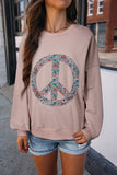 Pale Khaki Floral Peace Sign Graphic Washed Terry Plus Size Sweatshirt