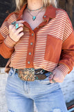 Red Stripe Textured Patched Drop Shoulder Buttoned Plus Size Sweatshirt