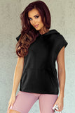 Black Solid Color Cap Sleeve Kangaroo Pocket Hoodie