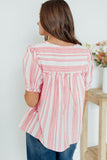 Pink Stripe Plus Size Tassel Tie Frilled Detail Short Sleeve Blouse