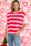 Pink Stripe Patchwork Round Neck Side Split Loose T Shirt
