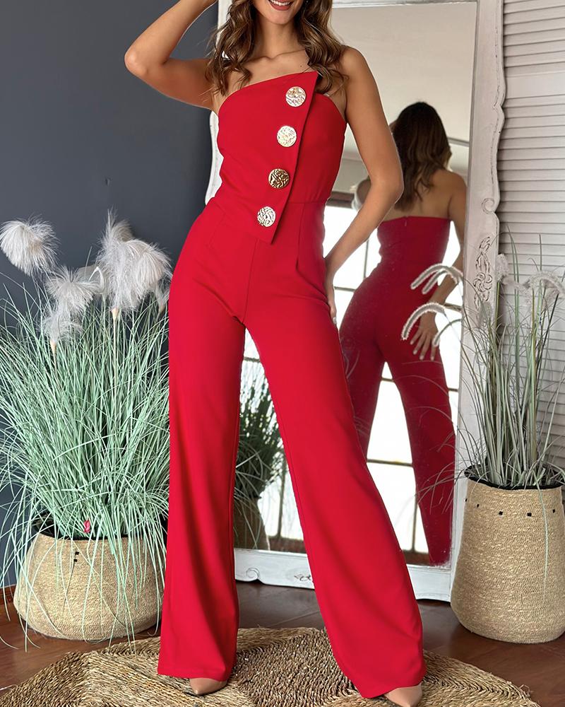 Asymmetrical Bandeau Strapless Jumpsuit Metal Button Decor Casual Overalls