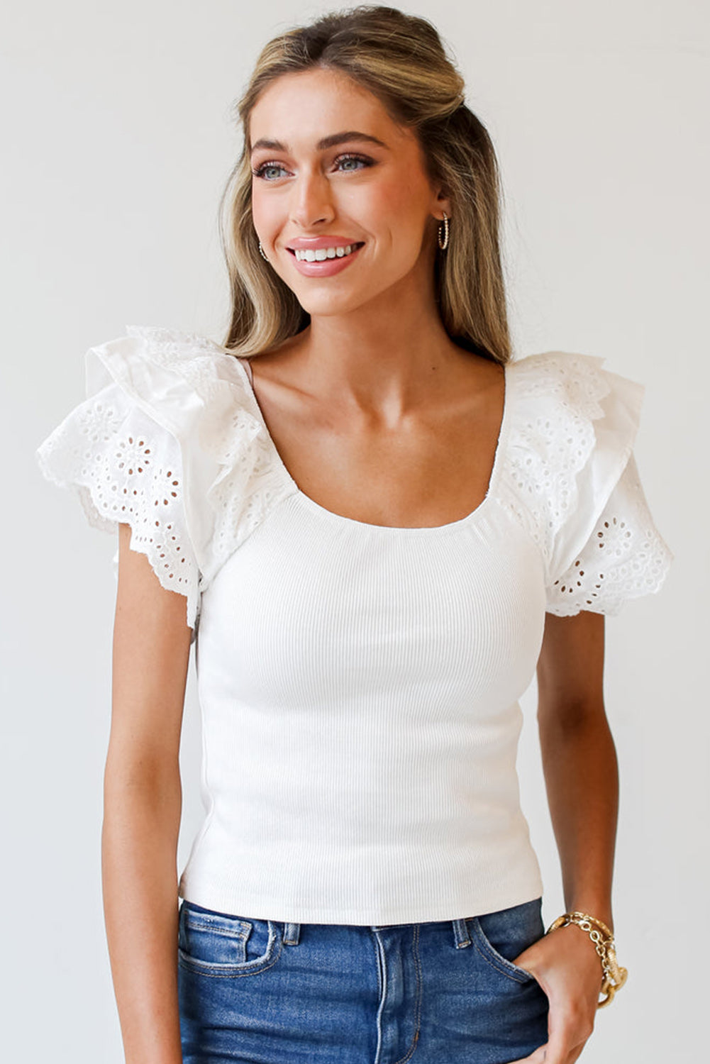 White Eyelet Ruffle Sleeve Slim Fitted Top