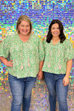 Green Plus Size Floral Tassel Tie Split Neck Puff Sleeve Blouse
