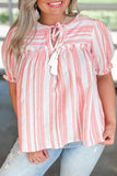 Pink Stripe Plus Size Tassel Tie Frilled Detail Short Sleeve Blouse