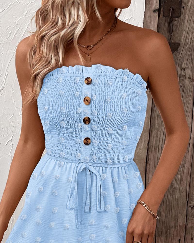 Polka Dot Bandeau Sleeveless Shirred Rompers Casual Button Decor Tied Detail Short Jumpsuit