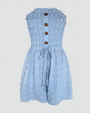 Polka Dot Bandeau Sleeveless Shirred Rompers Casual Button Decor Tied Detail Short Jumpsuit