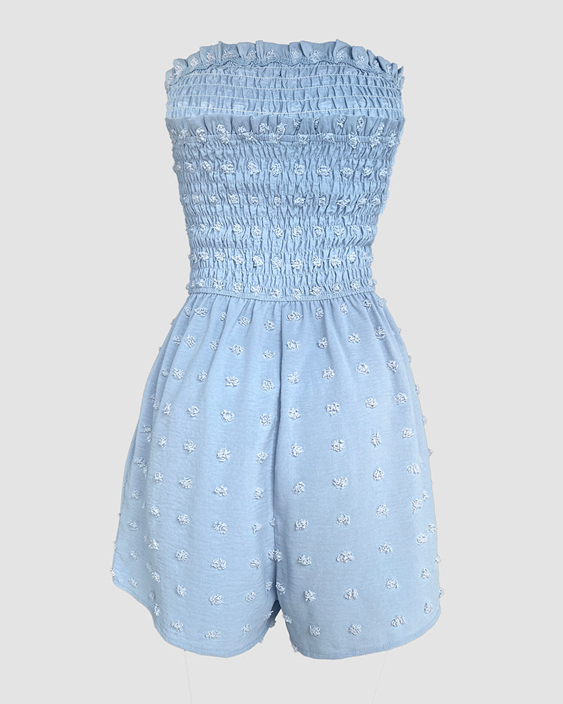 Polka Dot Bandeau Sleeveless Shirred Rompers Casual Button Decor Tied Detail Short Jumpsuit