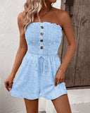 Polka Dot Bandeau Sleeveless Shirred Rompers Casual Button Decor Tied Detail Short Jumpsuit