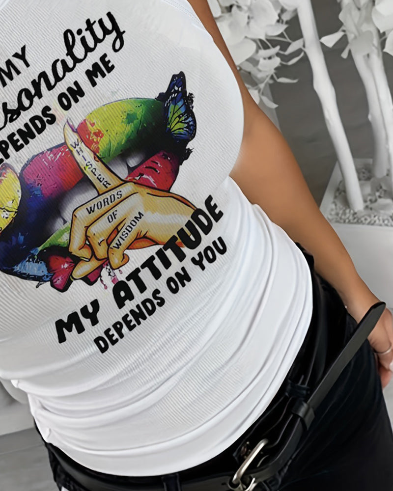 My Personality Depends On Me My Attitude Depends On You Butterfly Slogan Print Ribbed Tank Top