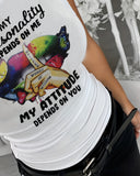 My Personality Depends On Me My Attitude Depends On You Butterfly Slogan Print Ribbed Tank Top