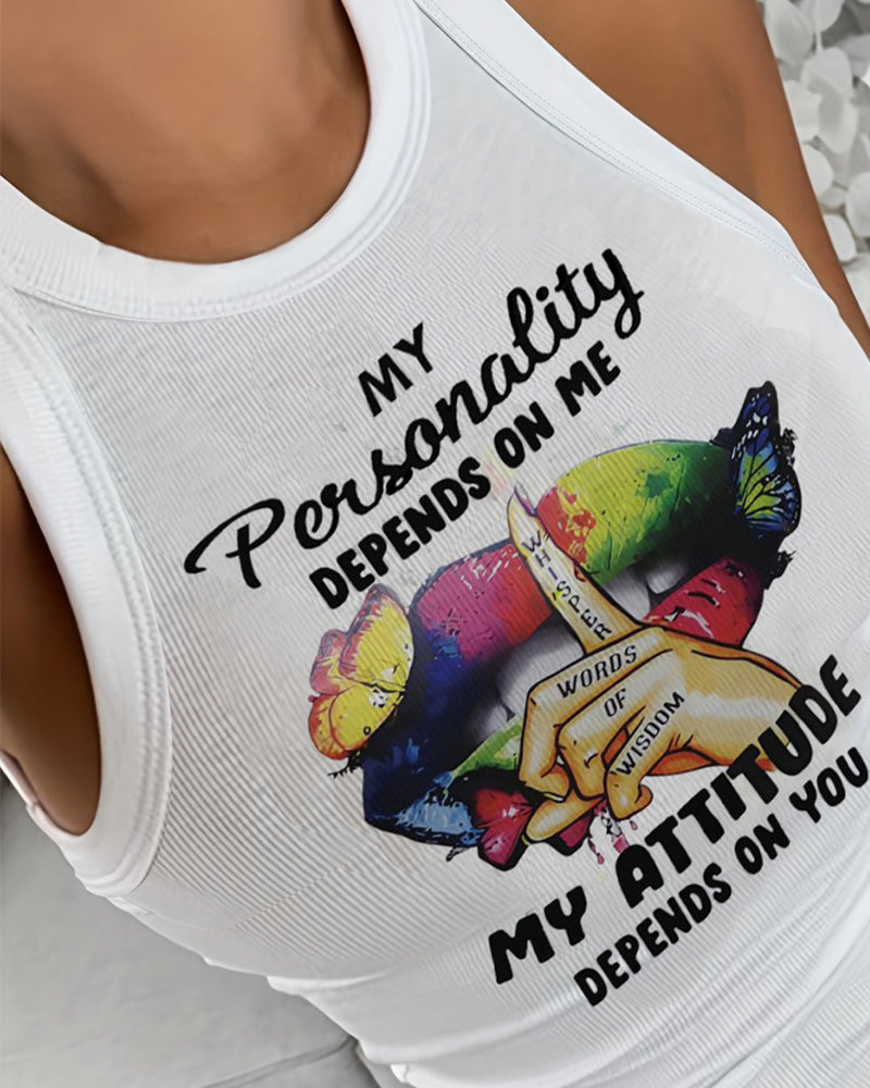 My Personality Depends On Me My Attitude Depends On You Butterfly Slogan Print Ribbed Tank Top