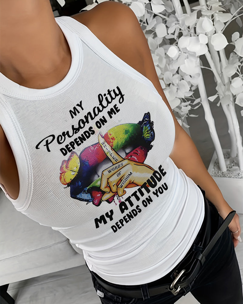 My Personality Depends On Me My Attitude Depends On You Butterfly Slogan Print Ribbed Tank Top