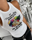 My Personality Depends On Me My Attitude Depends On You Butterfly Slogan Print Ribbed Tank Top