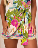 Tropical Print Halter Sleeveless Waist Romper Chic Tied Detail Backless Romper