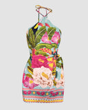 Tropical Print Halter Sleeveless Waist Romper Chic Tied Detail Backless Romper