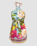 Tropical Print Halter Sleeveless Waist Romper Chic Tied Detail Backless Romper
