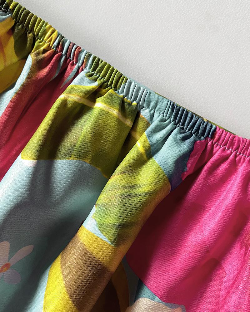 Tropical Print Halter Sleeveless Waist Romper Chic Tied Detail Backless Romper