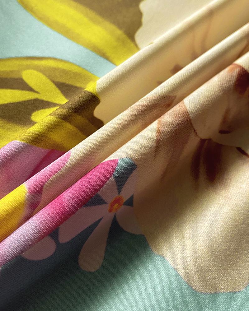 Tropical Print Halter Sleeveless Waist Romper Chic Tied Detail Backless Romper