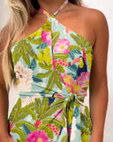 Tropical Print Halter Sleeveless Waist Romper Chic Tied Detail Backless Romper