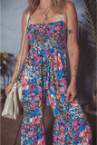 Pink Floral Smocked Bust Spaghetti Straps Wide Leg Jumpsuit