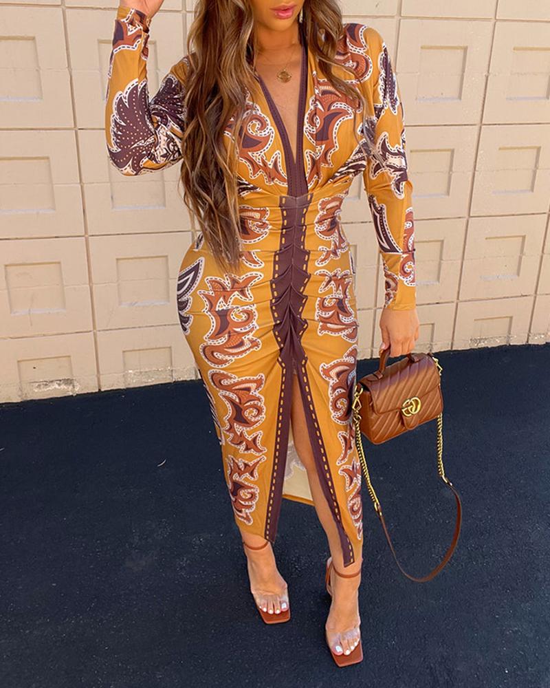 Vintage Floral Print Plunge V Neck Waist Ruched Dress Casual Slit Bodycon Midi Dress