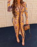 Vintage Floral Print Plunge V Neck Waist Ruched Dress Casual Slit Bodycon Midi Dress