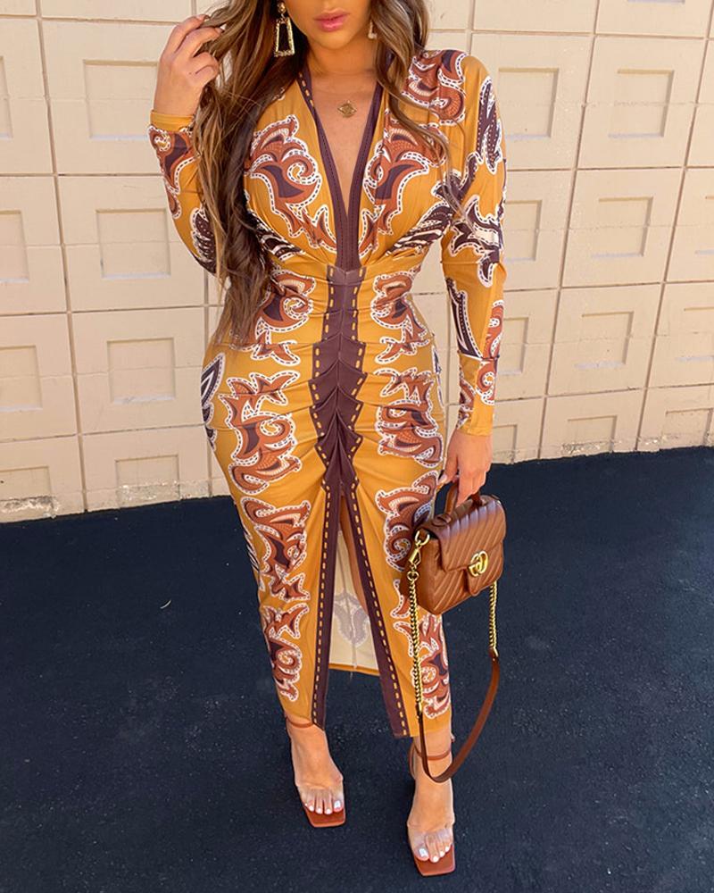 Vintage Floral Print Plunge V Neck Waist Ruched Dress Casual Slit Bodycon Midi Dress