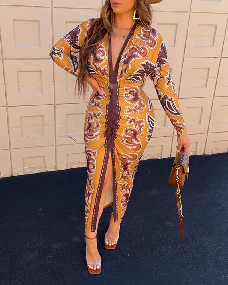 Vintage Floral Print Plunge V Neck Waist Ruched Dress Casual Slit Bodycon Midi Dress