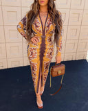 Vintage Floral Print Plunge V Neck Waist Ruched Dress Casual Slit Bodycon Midi Dress