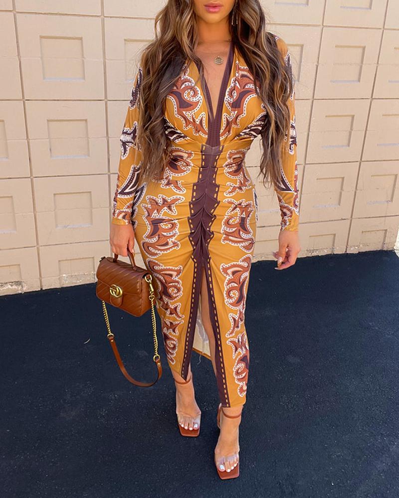 Vintage Floral Print Plunge V Neck Waist Ruched Dress Casual Slit Bodycon Midi Dress