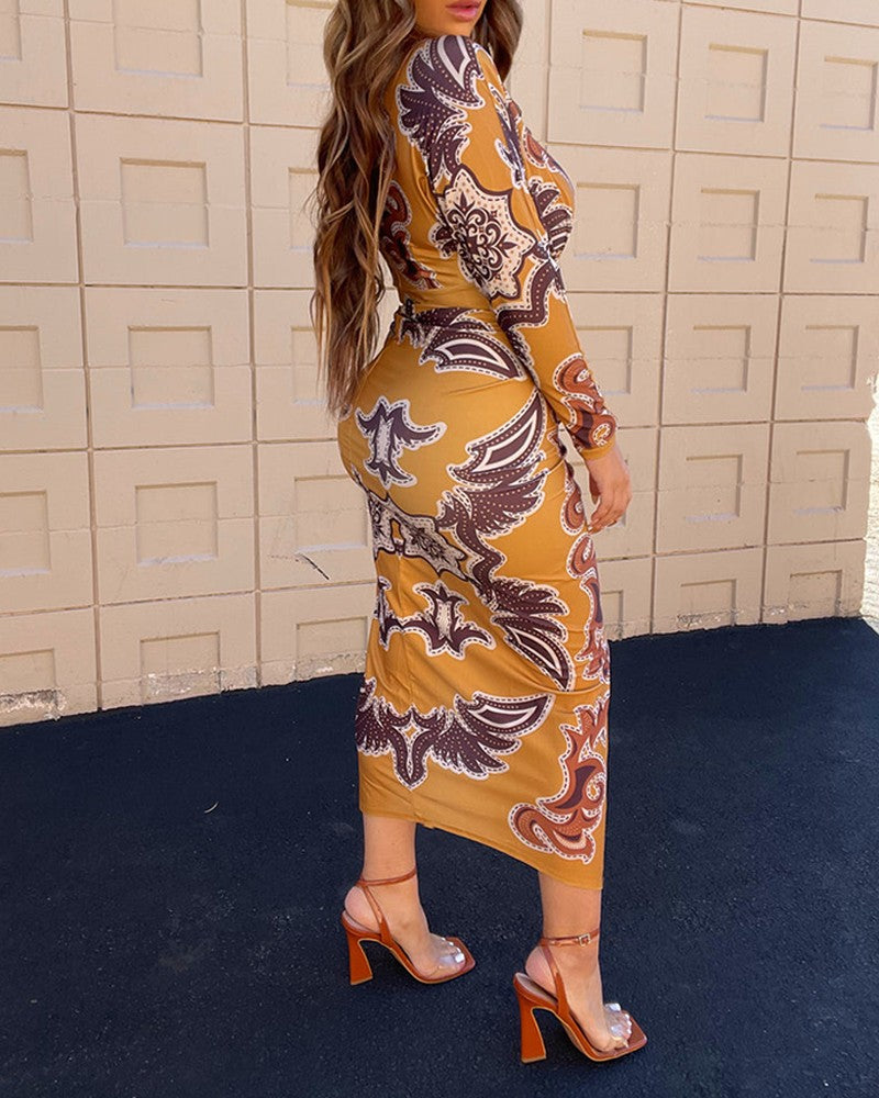 Vintage Floral Print Plunge V Neck Waist Ruched Dress Casual Slit Bodycon Midi Dress