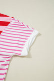 Pink Stripe Patchwork Round Neck Side Split Loose T Shirt