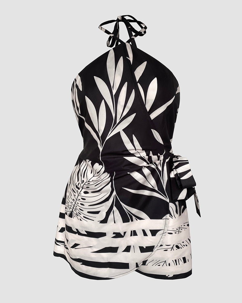 Tropical Print Halter Sleeveless Waist Romper Chic Tied Detail Backless Romper