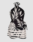 Tropical Print Halter Sleeveless Waist Romper Chic Tied Detail Backless Romper