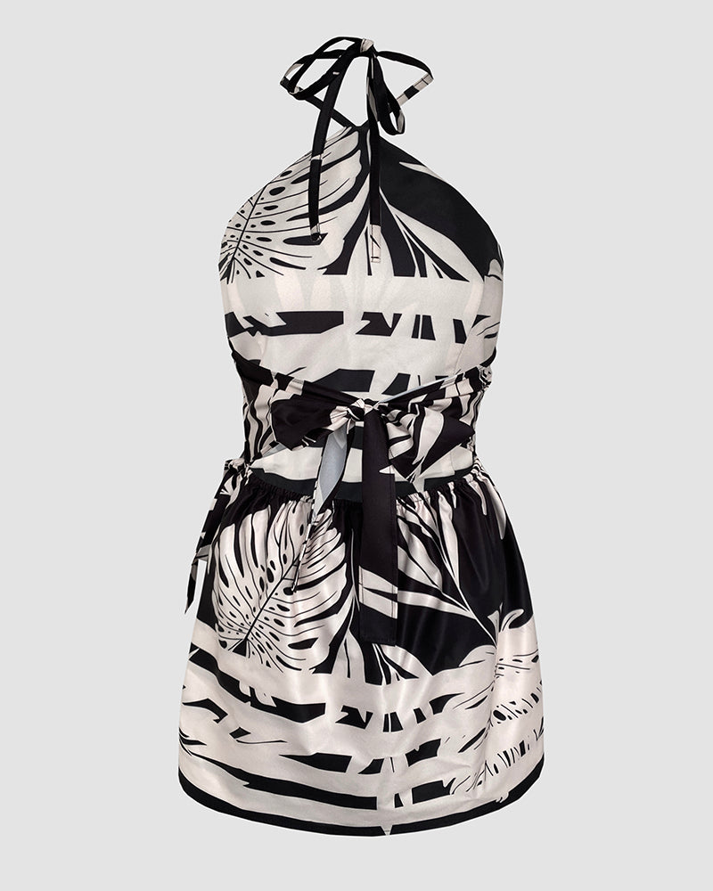Tropical Print Halter Sleeveless Waist Romper Chic Tied Detail Backless Romper