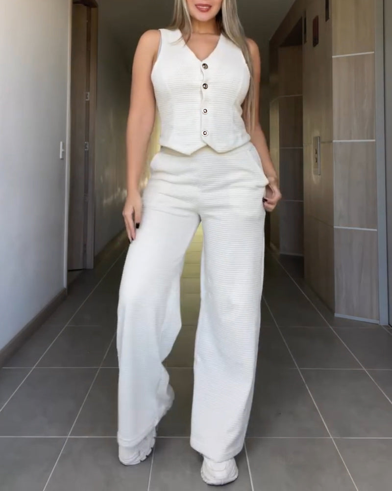 Solid Textured Fabric V Neck Button down Vest and Long Pants Set Casual Suit Sets
