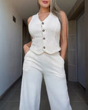 Solid Textured Fabric V Neck Button down Vest and Long Pants Set Casual Suit Sets