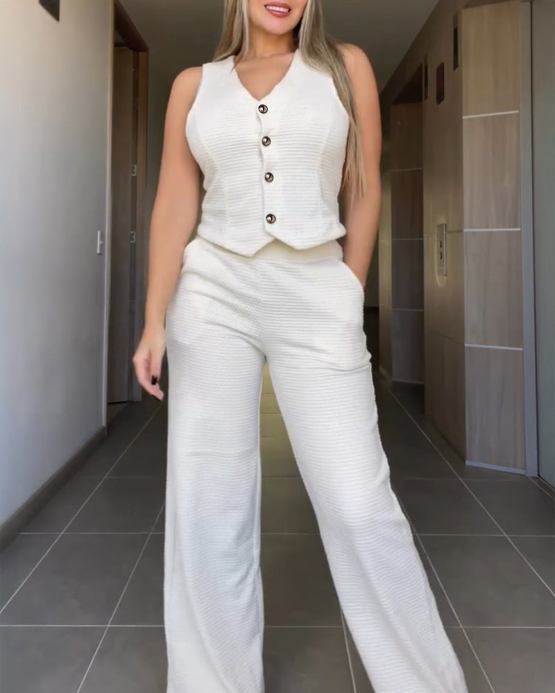 Solid Textured Fabric V Neck Button down Vest and Long Pants Set Casual Suit Sets