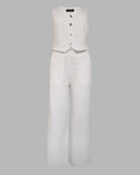 Solid Textured Fabric V Neck Button down Vest and Long Pants Set Casual Suit Sets