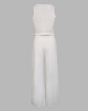 Solid Textured Fabric V Neck Button down Vest and Long Pants Set Casual Suit Sets