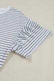 White Stripe Ruffled Short Sleeve Crew Neck T Shirt Shift Mini Dress