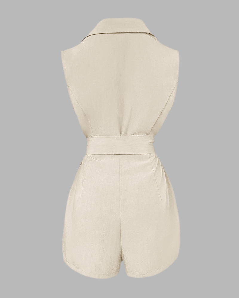 Notched Collar Sleeveless Tied Detail Button Romper