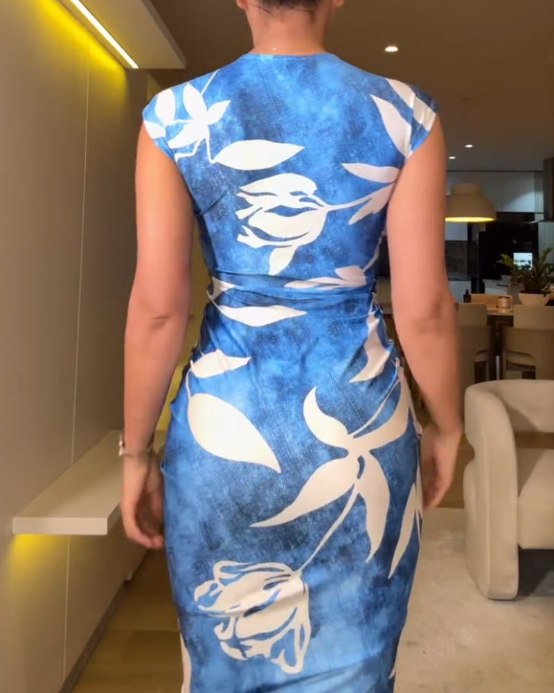 Tropical Print Sexy Plunge Sleeveless Slit Dress