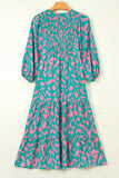 Green Abstract Print Puff Sleeve Tied Notched Neck Long Dress