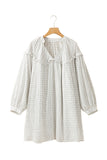 White Stripe Checkered Frilled V Neck Bracelet Sleeve Babydoll Dress