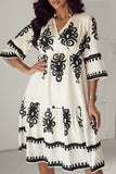 Beige Western Geometric Print 3/4 Sleeve Loose Midi Dress