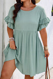 Grass Green Ruffle Trim Short Sleeve Plus Size Flared Mini Dress