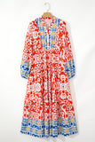 Orange Boho Geometric Printed Long Sleeve Maxi Dress