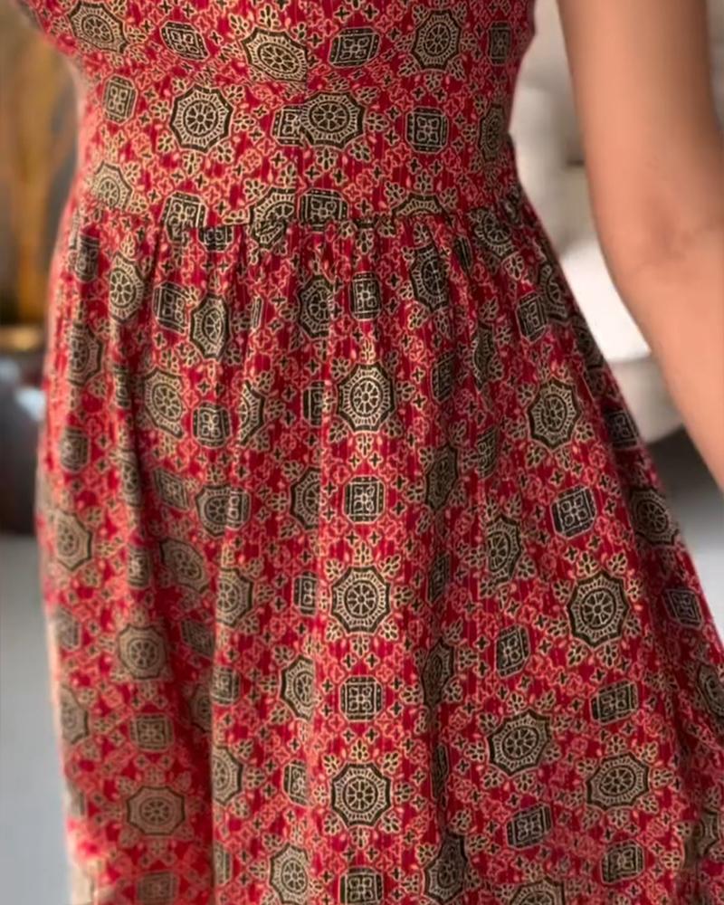 Vintage Tribal Print Halter Tied Detail Jumpsuit Casual Drawstring Loose Romper